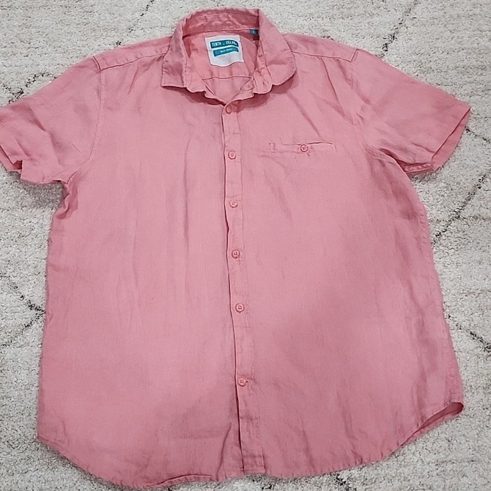 Tenth + Ocean Button Down Shirt Mens Large Pink 100% Pure Linen Short Sleeve